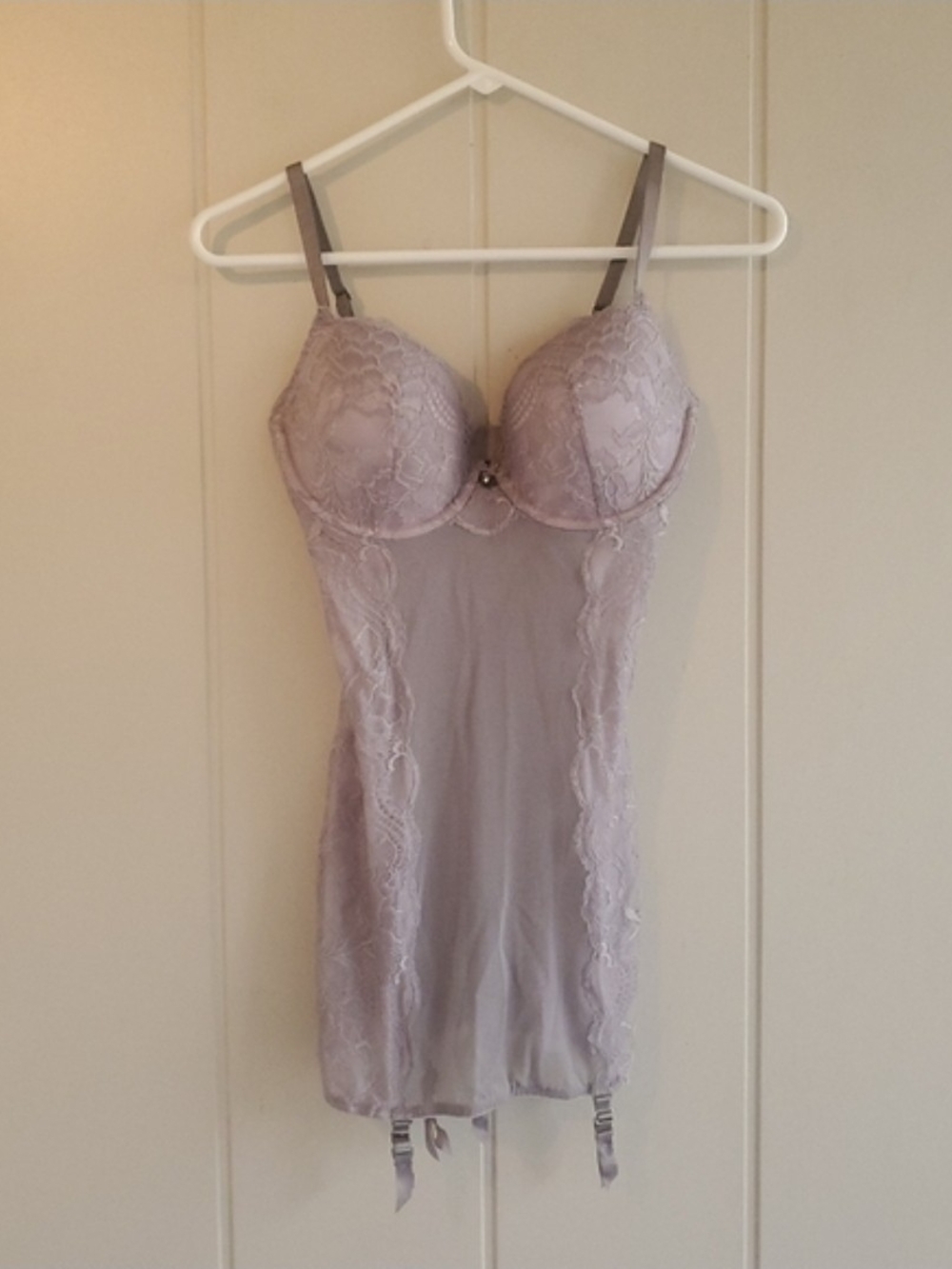 Vintage Victoria Secret Sheer Lace Corset Teddy Size 34D Garter Grey
